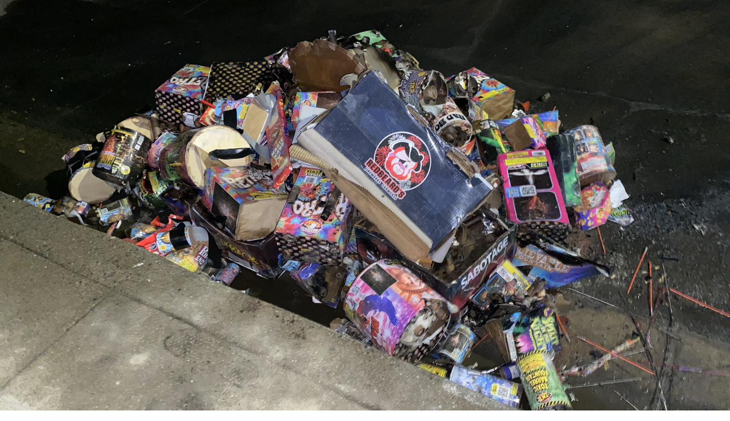 The aftermath pile — spent boxes from a single night of testing, RedBeards, Sabotage, Toxic Barrel, Spirit of the Night and more