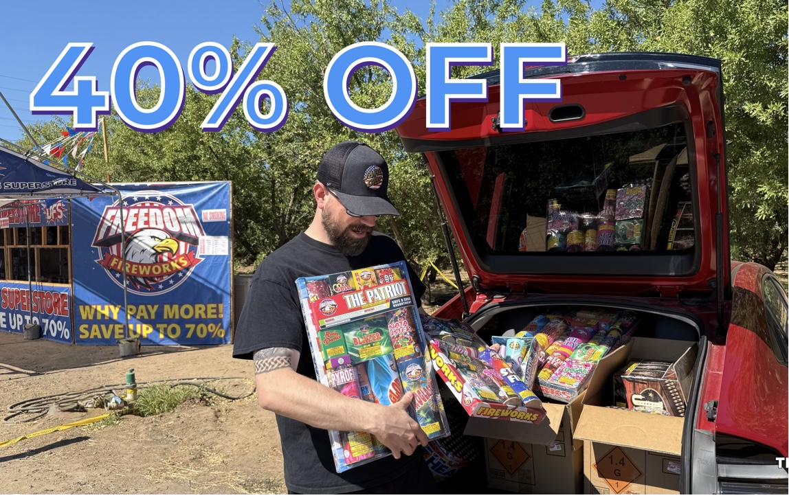 Joseph at the Freedom / Discount Fireworks Superstore stand on Claribel Road in Riverbank — 40% off haul