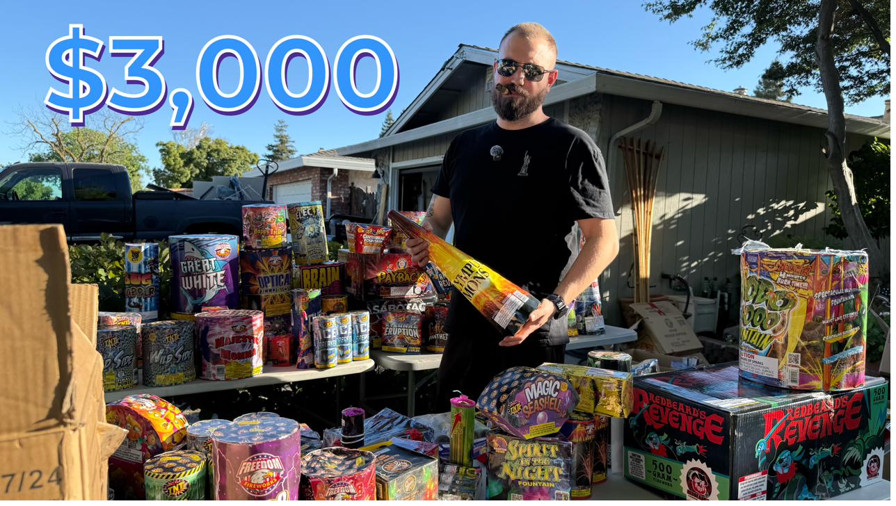 Beast in his driveway with the season's $3,000 testing stash — Wildside, Great White, Sabotage, Magic Sea Shell, Spirit of the Night, RedBeard's Revenge and dozens of others